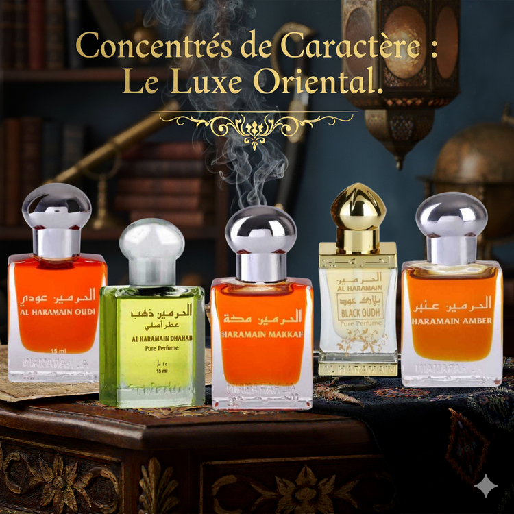 Huiles parfumées Al Haramein ATTARS sans alcool 15 ML Makkah, Oudi,Amber, Black Oudh